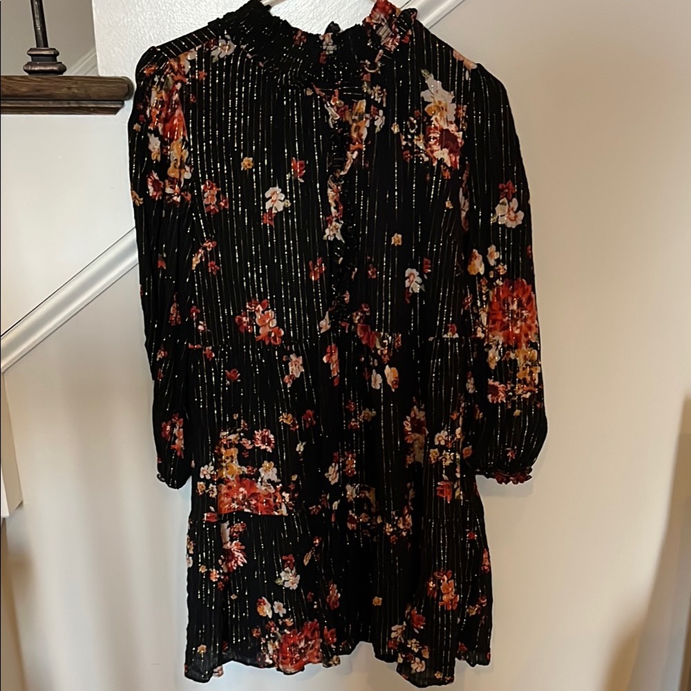 Fabrik Floral Black Dress with floral pattern and gold stitching - size medium